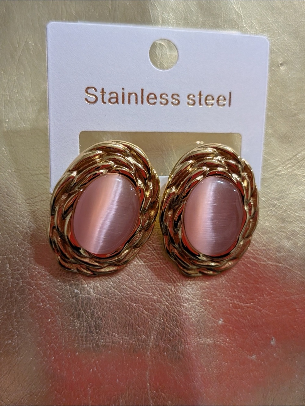 Gold-Tone Stainless Steel Pink Cat's Eye Oval Earrings